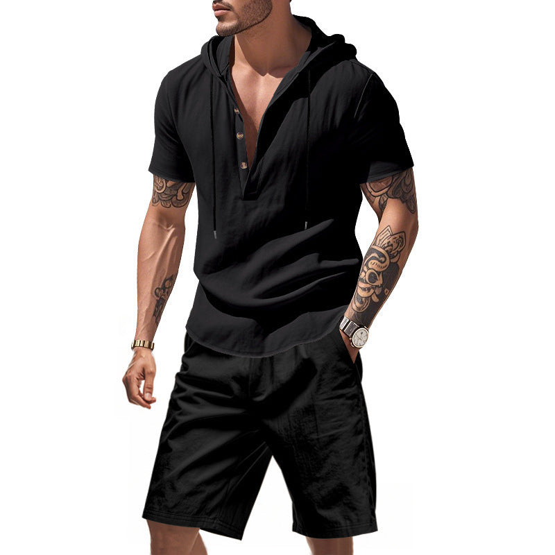 Herre afslappet hoodie-shorts sæt med moderigtig Henley-udskæring og åndbare egenskaber Stilla