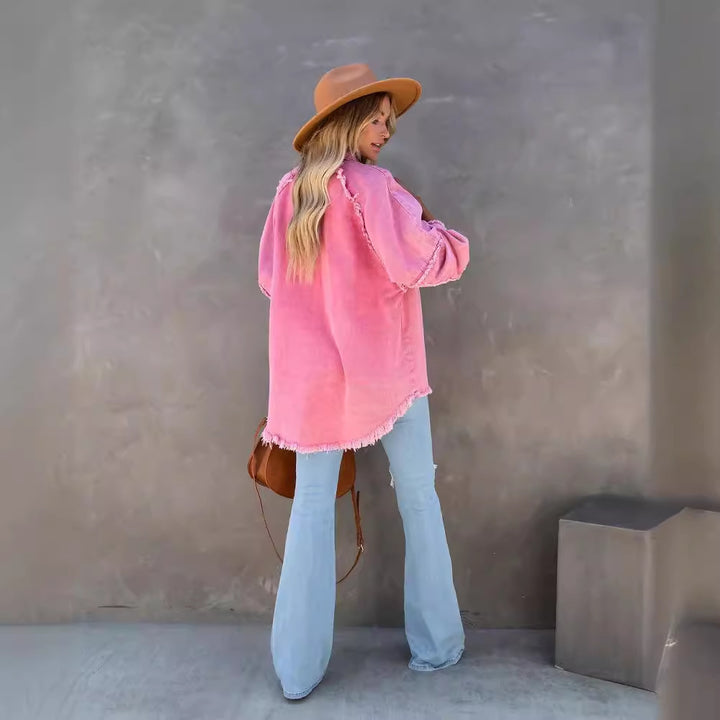 Kvinder Oversized Denim Skjorte med Frynser Stilla