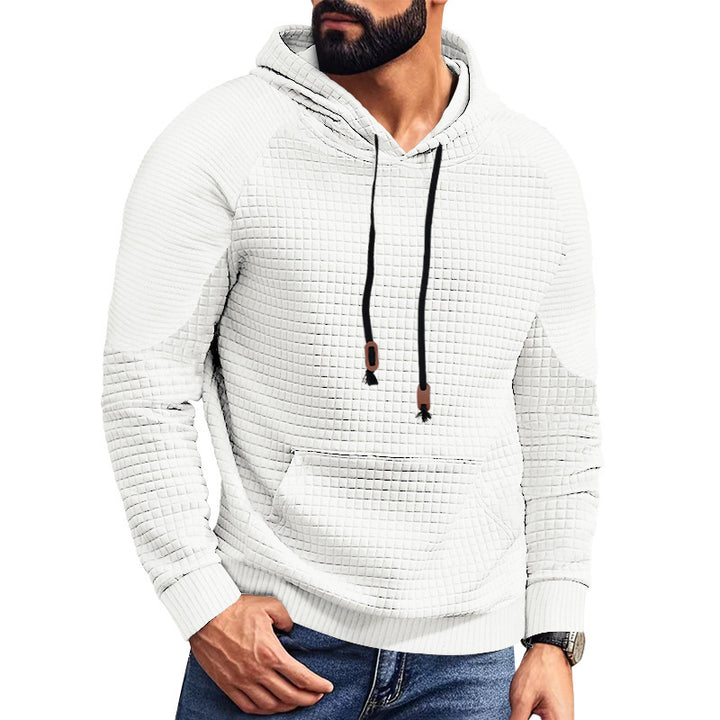 Herren nan kvadratstruktureret hættepullover i quiltet look med kængurulomme, raglanærmer og snor.