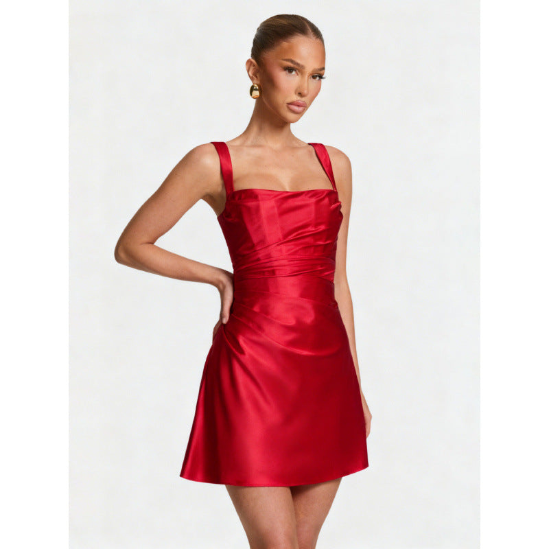 Dame Elegant Satin Minikjole med brede skulderstropper Skovae