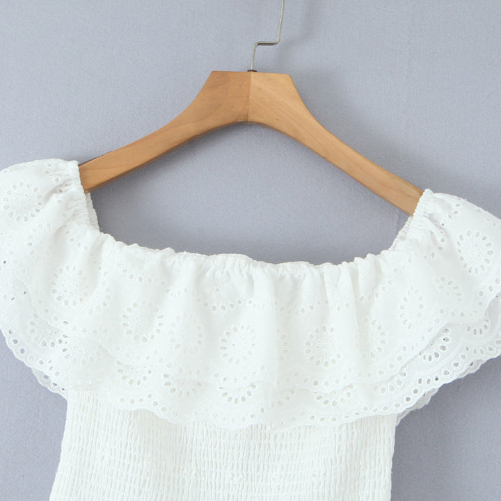 Dame Off-Shoulder Mini-Kjole lavet af høj kvalitet bomuld med rufledetaljer og elastisk taljeområde Stilla