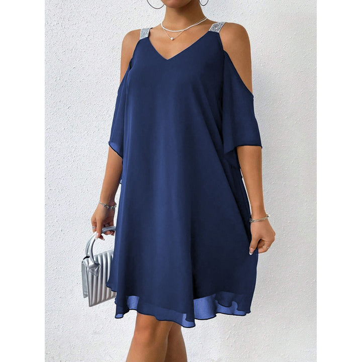 Kvinder Kold Skulder Chiffon Kjole med glitrende Detaljer Stilla