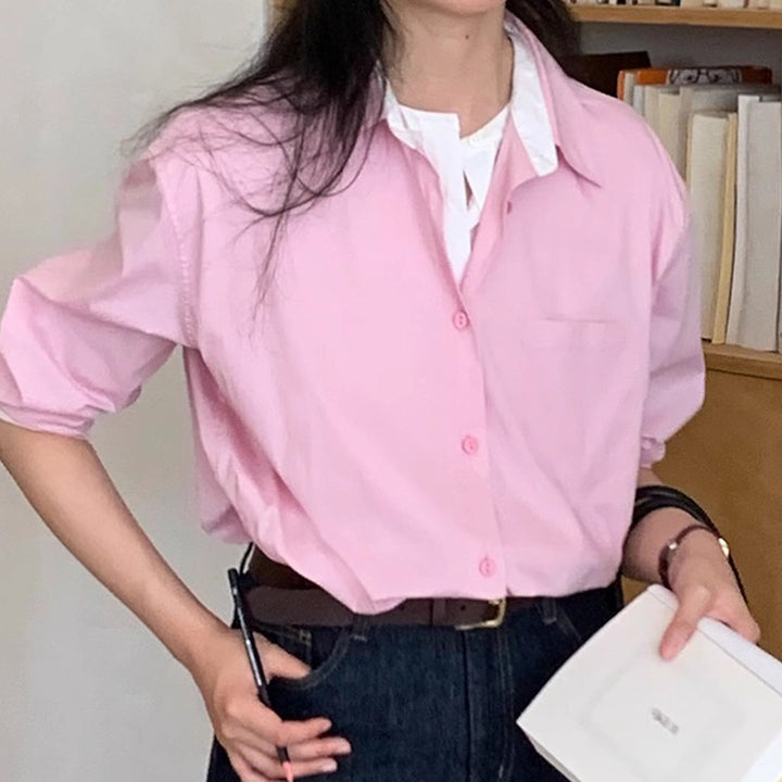 Dame oversized skjorte bluse i afslappet stil med praktiske lommer Stilla