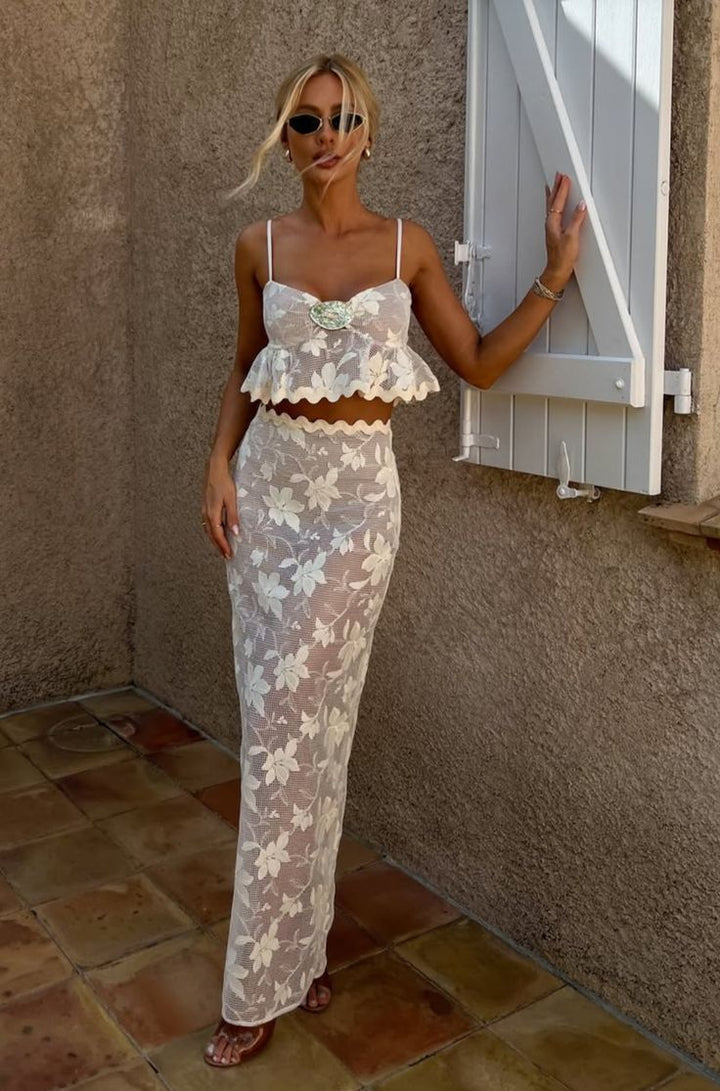 Dame elegant crop top med blomstret design og lang nederdel Skovae