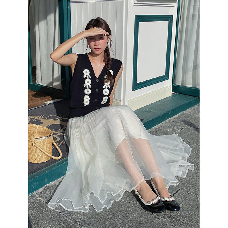 Dame plisseret maxi-nederdel i let chiffon med svingende snit Stilla