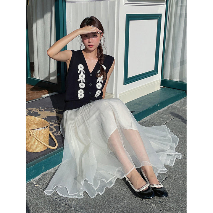Dame plisseret maxi-nederdel i let chiffon med svingende snit Stilla