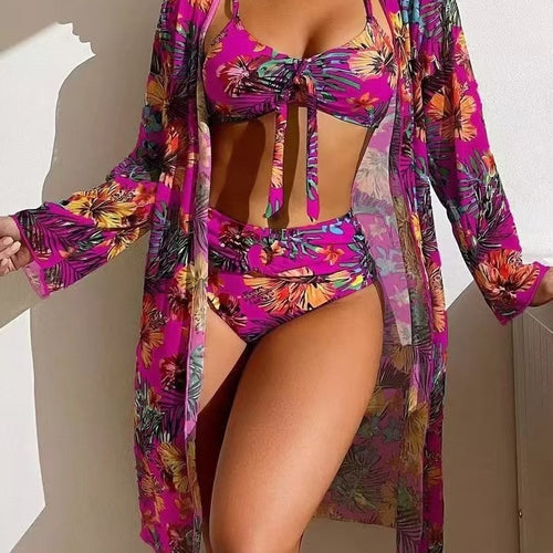 Dame bikini-sæt med blomsterprint og luftig kimono-overjakke Skovae