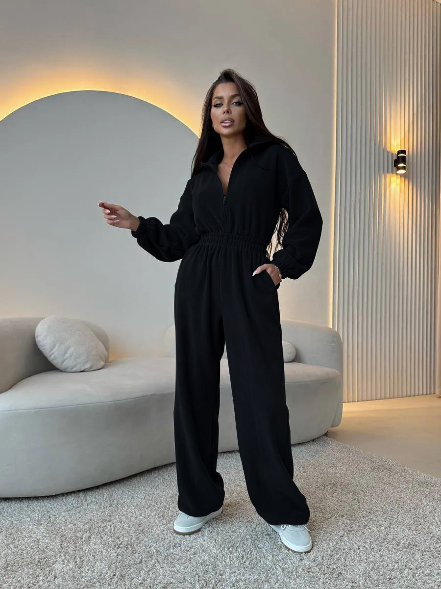 Kvinders elegante fleece jumpsuit med høj krave og elastisk talje Skovae