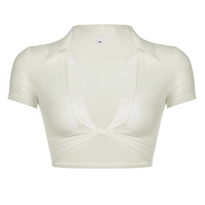 Damer Moderne cropped Bluse med dyb V-hals og legende knude Skovae