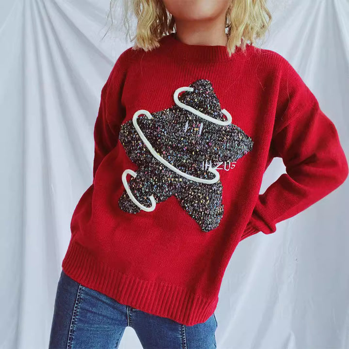 Kvindernes strikkede sweater med glitrende stjerne motiv og løs pasform Stilla