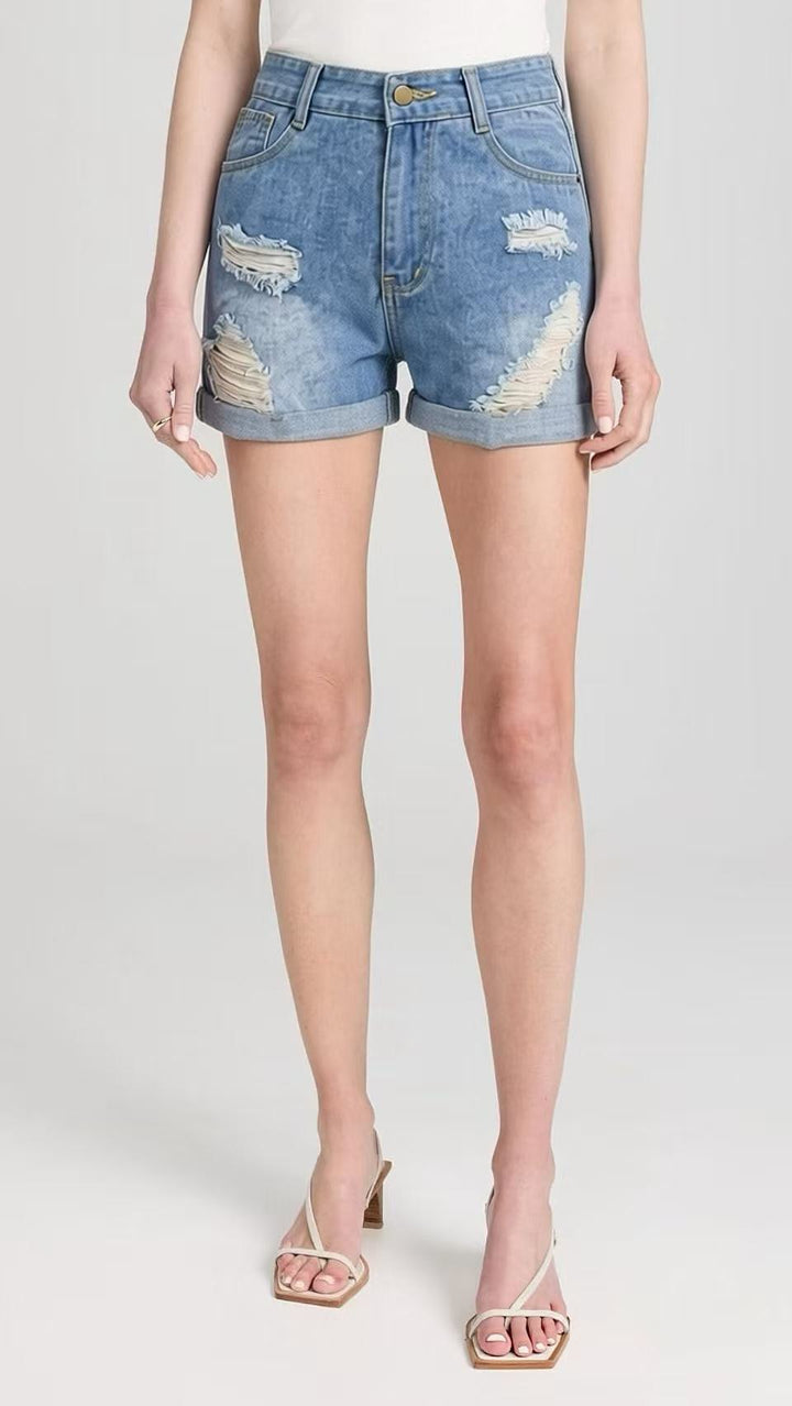 Dame Ødelagte Denim-Shorts med høj talje og stilfuld Fransen-Look Skovae