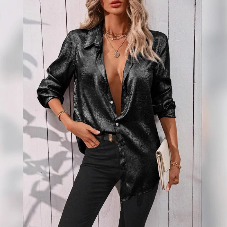 Dame Elegant Silke Bluse med Glinsende Overflade Stilla