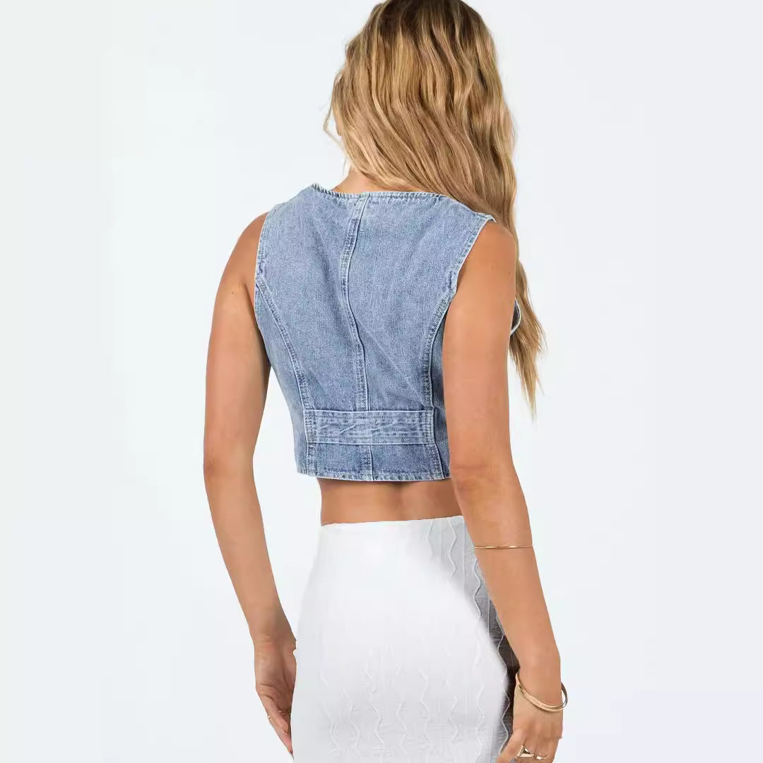 Femme Cropped Denim Knap-Up Vest Stilla