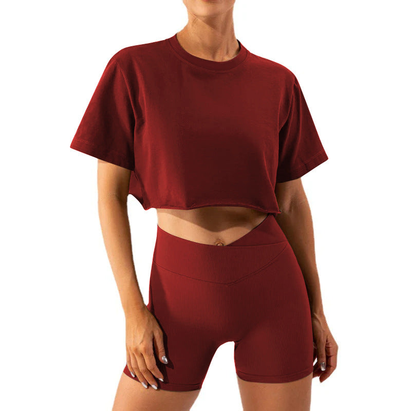 Dame sporty cropped T-shirt og shorts sæt med høj talje Stilla