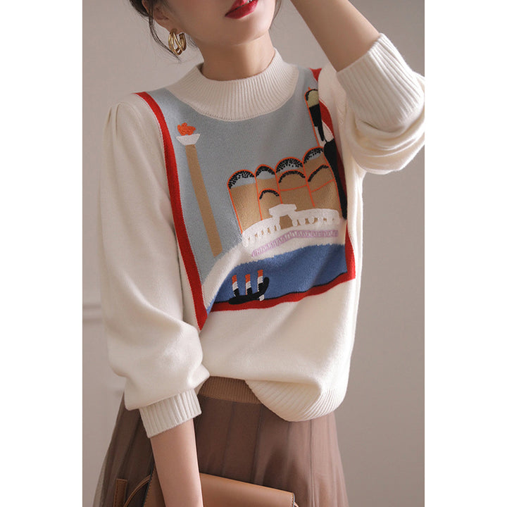 Dame moderigtig pullover med unikt grafisk design Stilla