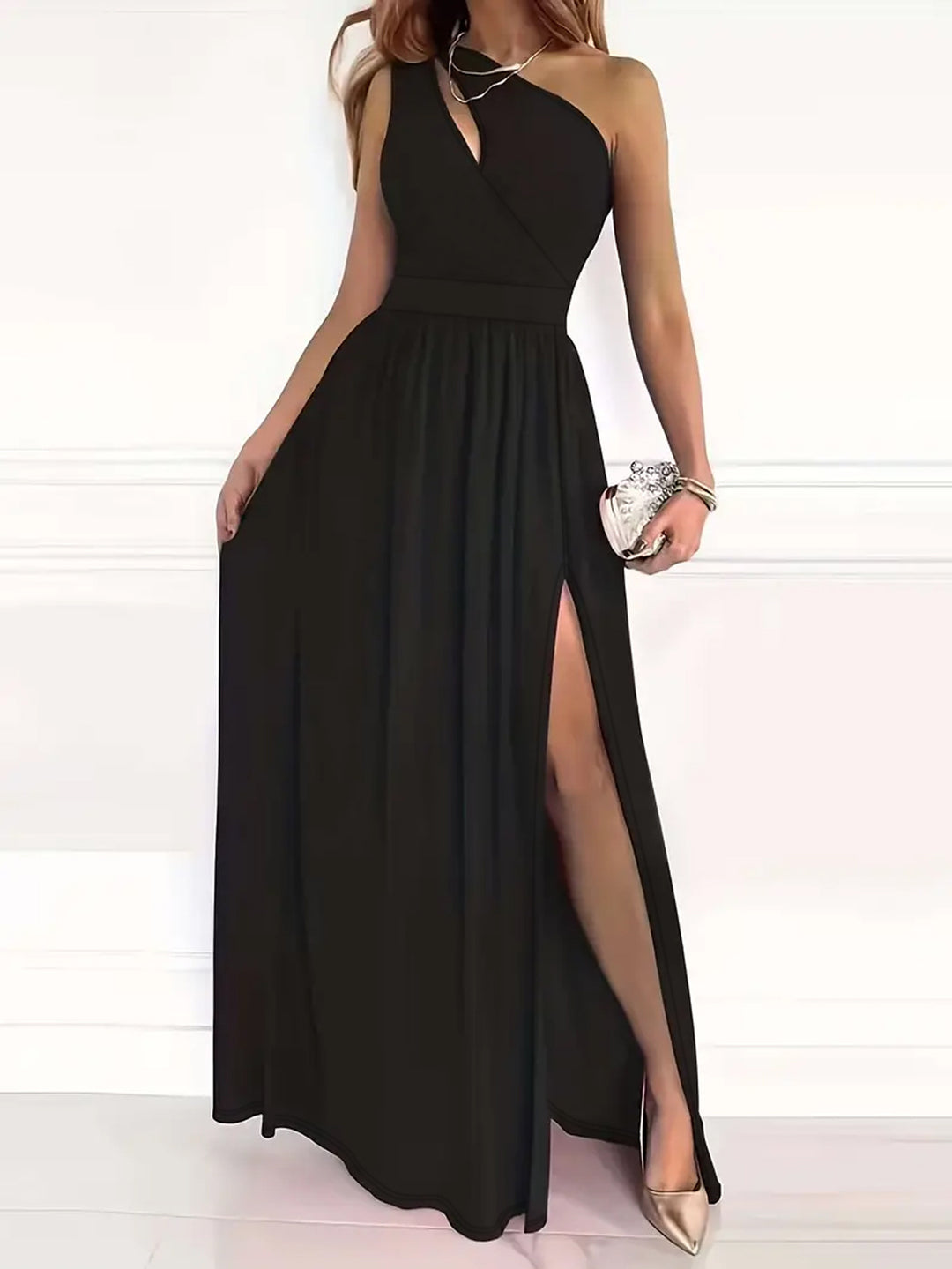 Dame Elegant Maxikjole med asymmetrisk udskæring og højt slids Stilla