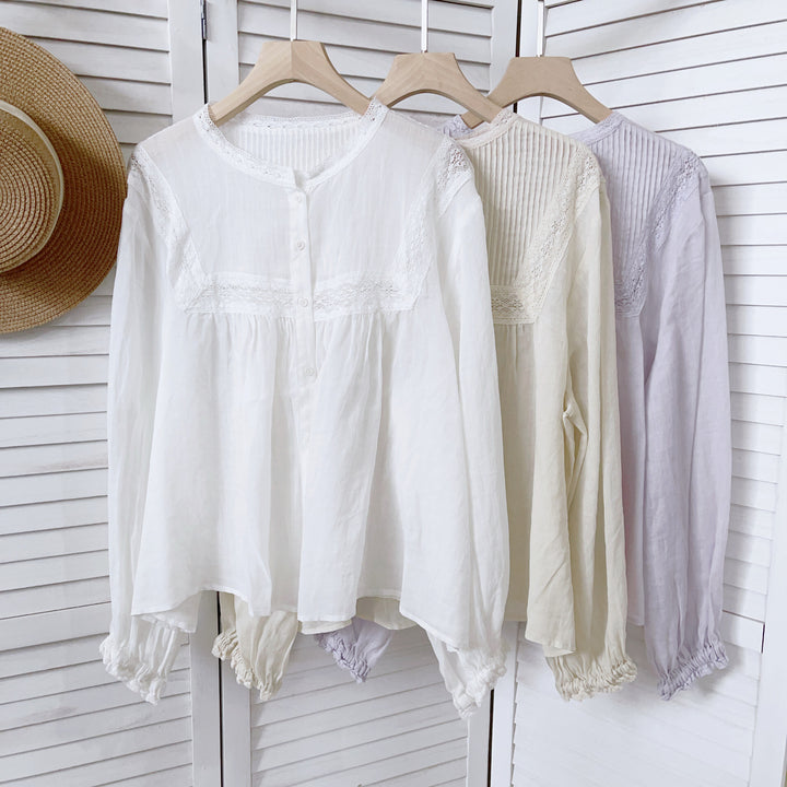 Femme Elegante Knap-Op Bluse med Spidsdekorationer Stilla