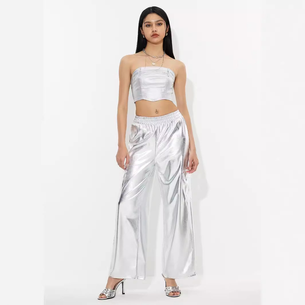 Kvinders cargo bukser i skinnende metallic look med elastisk talje Stilla