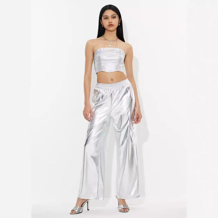 Kvinders cargo bukser i skinnende metallic look med elastisk talje Stilla