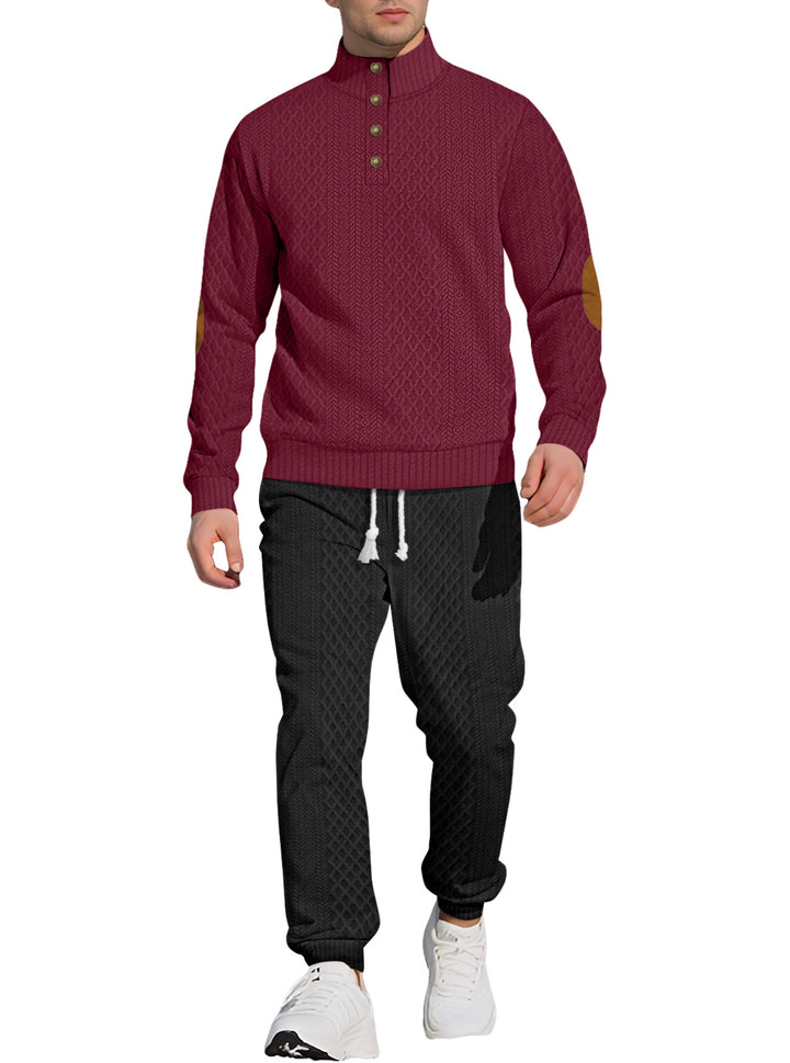 Herre nan struktureret strik-fritidsoutfit med halvknap-høj krave, daim-ellbogenlapper og snøre-bund joggers Skovae