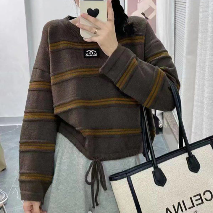 Kvinders stribede sweater med stilfuld snoretræk og afslappet oversized pasform