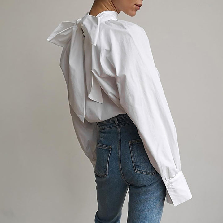 Damebluse med oversized sløjfekrave lavet af kvalitet bomuldsblanding Stilla