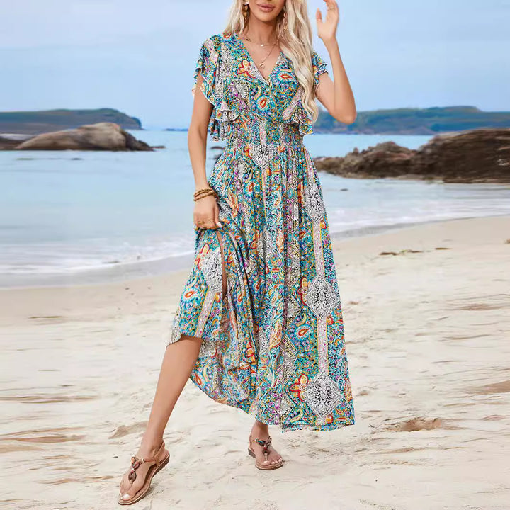 Dame Maxikjole i Boho-stil med voluminøse ærmer og dyb V-udskæring Stilla