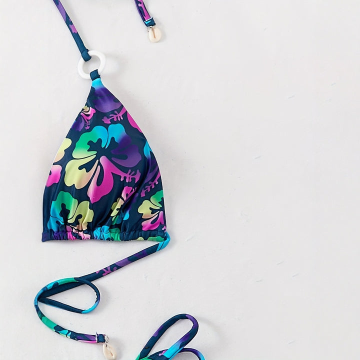 Dame Triangel-Bikini-Sæt med legende blomsterdesign og justerbare stropper Stilla