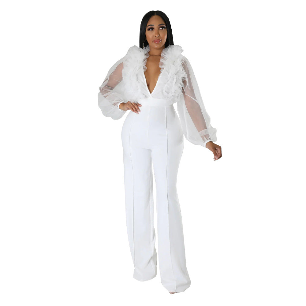 Dame Elegant Jumpsuit med voluminøse flæseærmer og højhalset krave Stilla