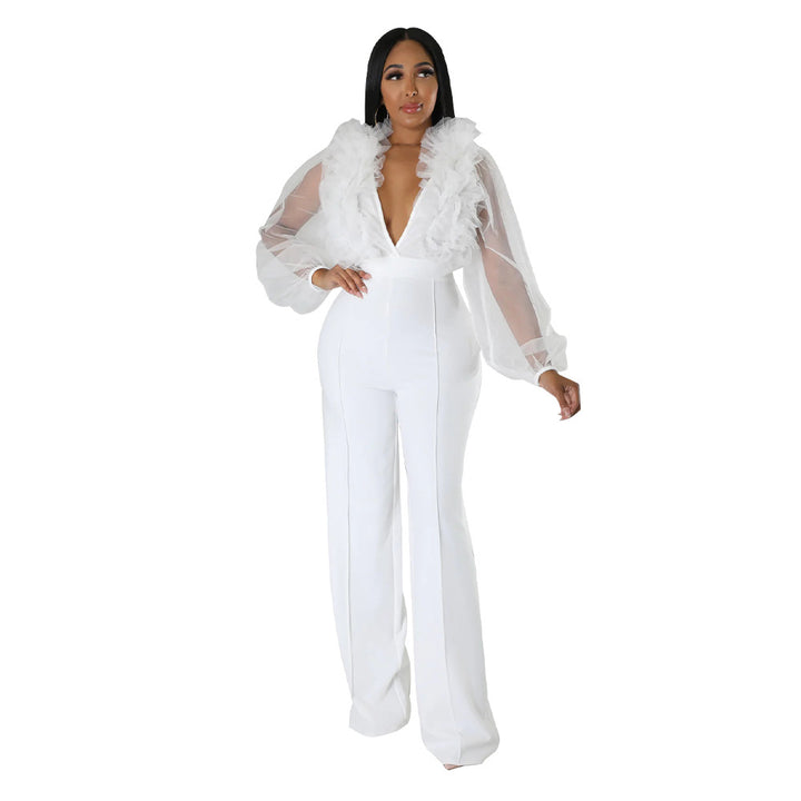 Dame Elegant Jumpsuit med voluminøse flæseærmer og højhalset krave Stilla