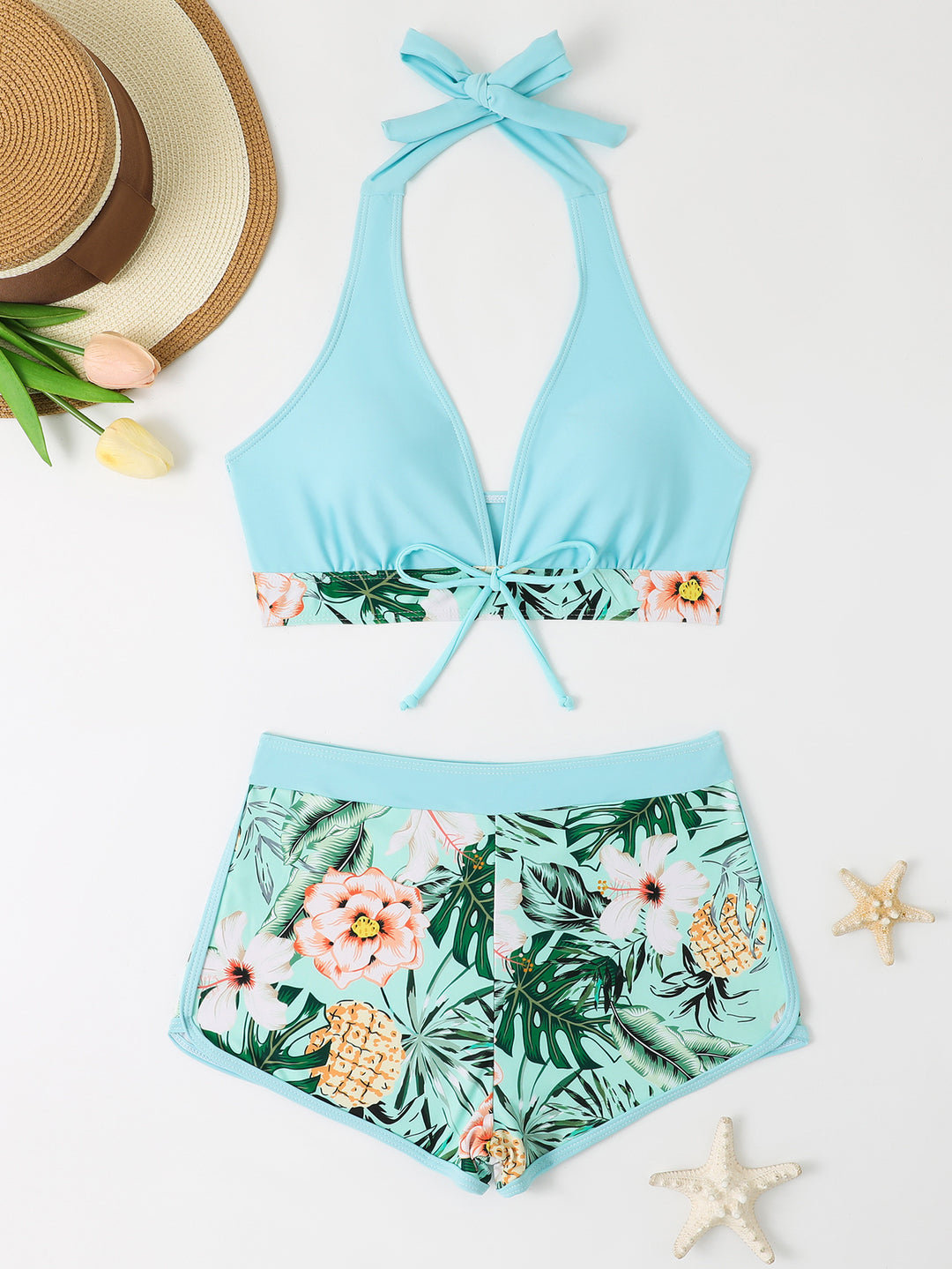 Dame bikini sæt med blomster mønster og aftagelig push-up BH Skovae