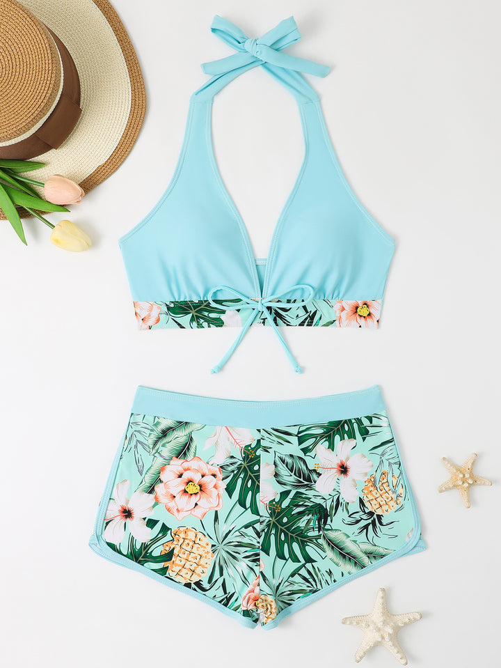 Dame bikini sæt med blomster mønster og aftagelig push-up BH Skovae
