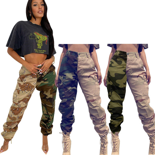 Dame Cargo-bukser med asymmetrisk camouflage-design og elastisk talje Stilla