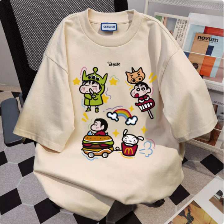 Dame T-shirt med kunstnerisk cartoon-tryk Stilla