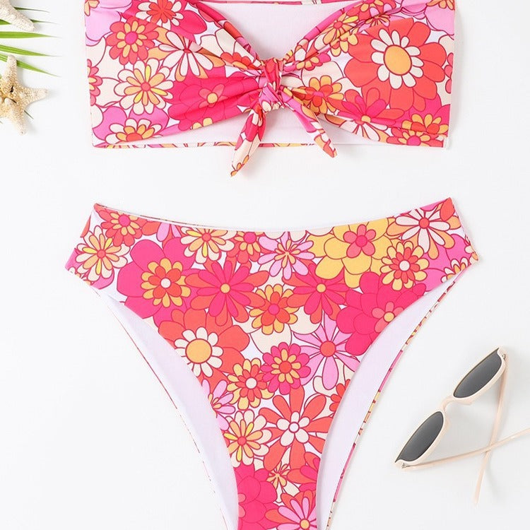 Damer Bandeau Bikini med moderne blomsterprint og legende knudedetalje Skovae