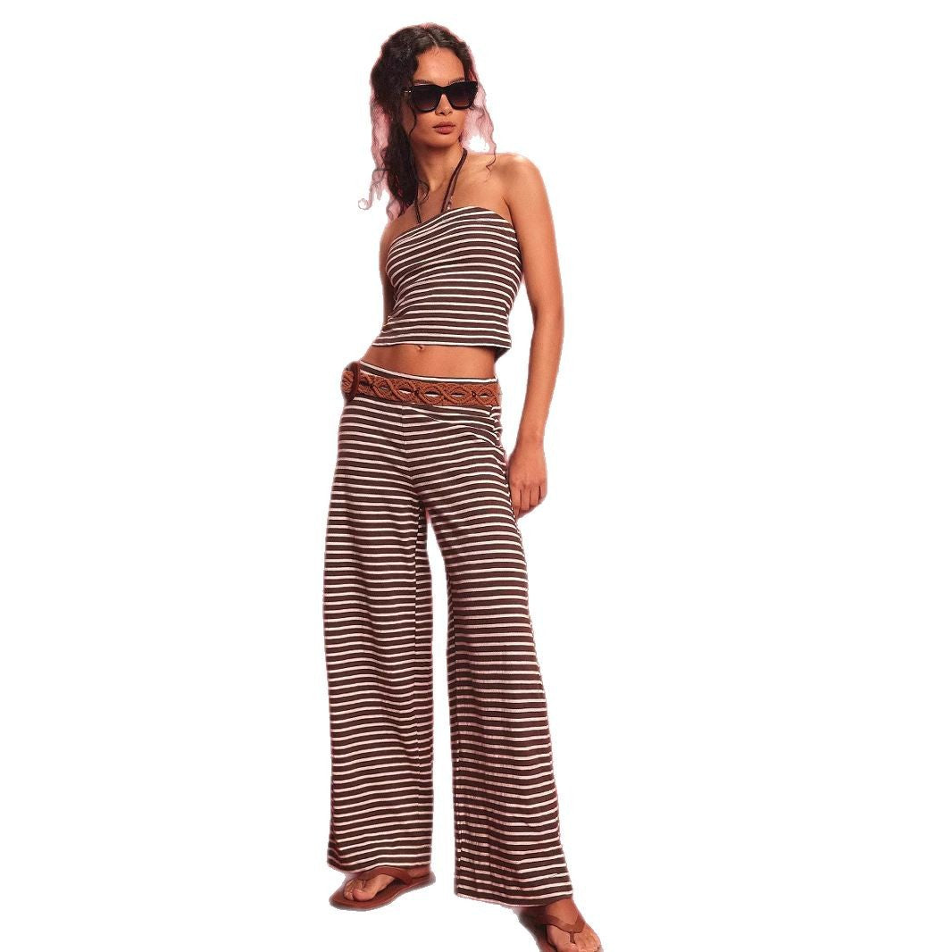 Femme Stilfuld Offshoulder Crop Top og Bredbenet Bukser Sæt Stilla