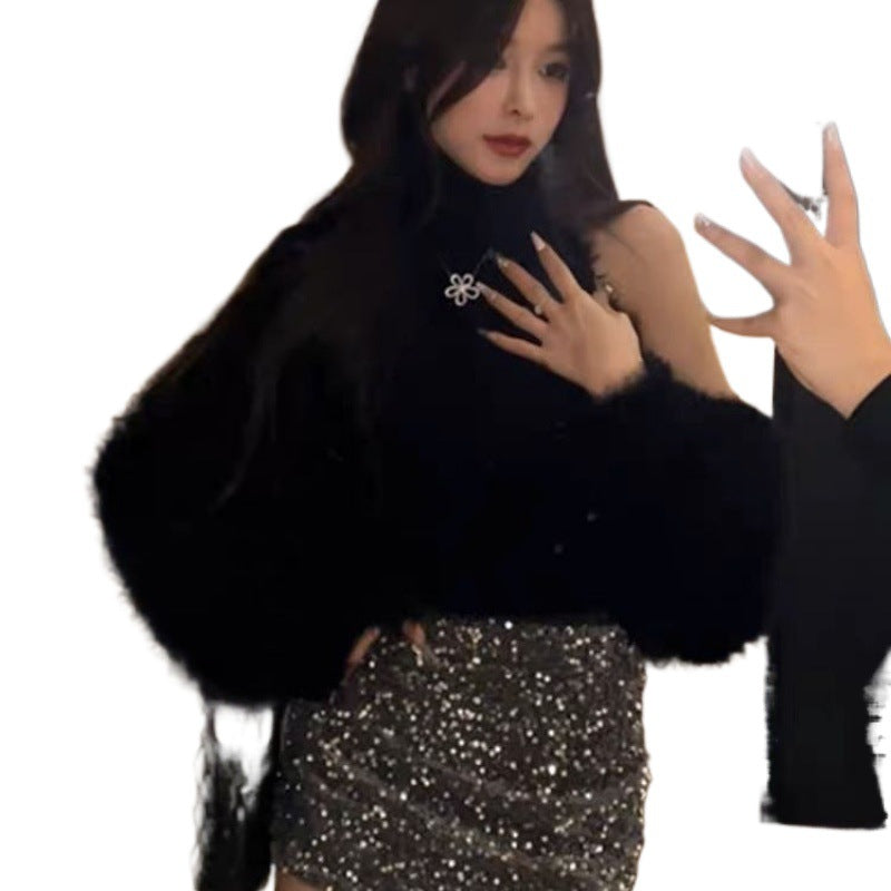 Femme Høj Krave Fuzzy Strikpullover med Klokkeærmer Stilla