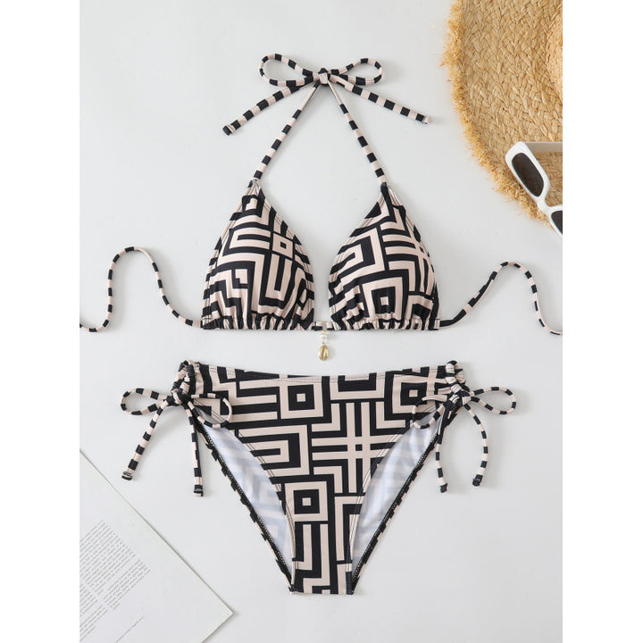 Dame triangel-bikini med moderne geometrisk mønster og justerbare stropper Skovae