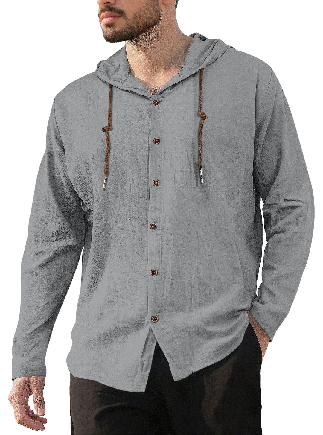 Herrer nan tekstureret linnedblandings-hoodie med gennemgående knoplukning, træknapper og sidespalter Skovae