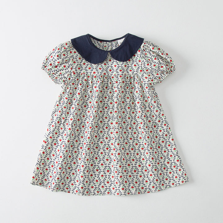Pige Floral Print A-linje Kjole med Kontrastkrave Stilla