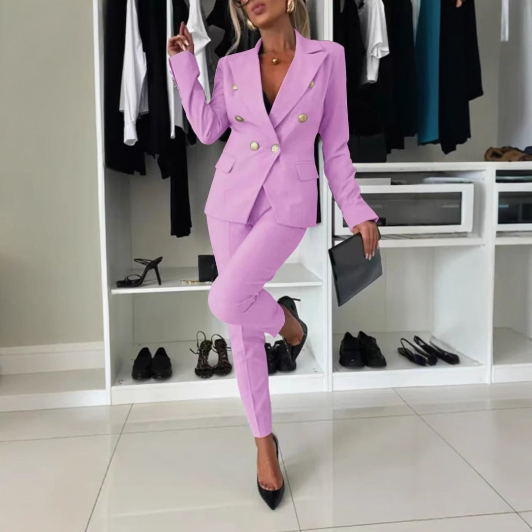 Dame elegant blazer-dragt-sæt med dobbeltradet blazer og smalt skårne bukser Stilla