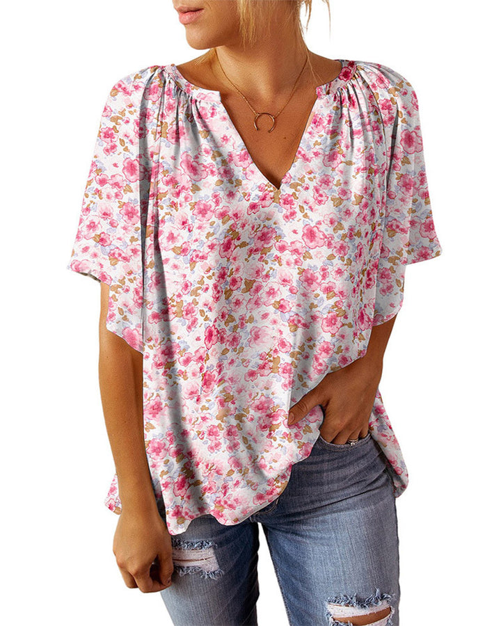 Dame blomster mønster V-hals bluse Stilla