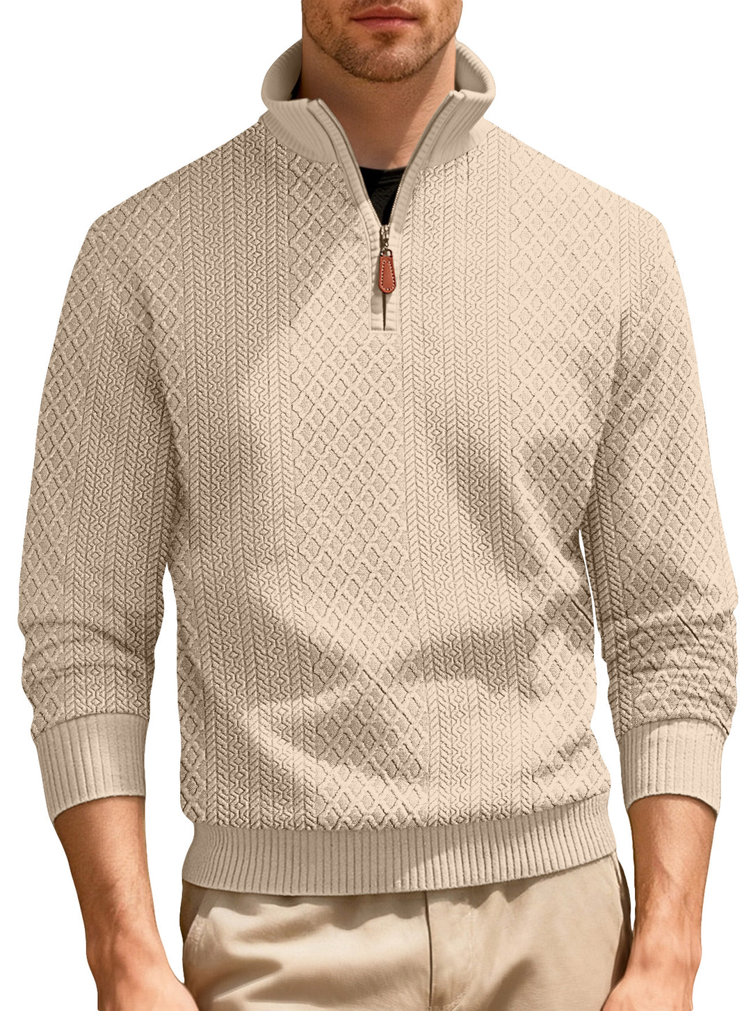 Herren nan finstruktureret halvzip-sweater i jacquard-relief med høj ståkrave og læder-zipper Skovae