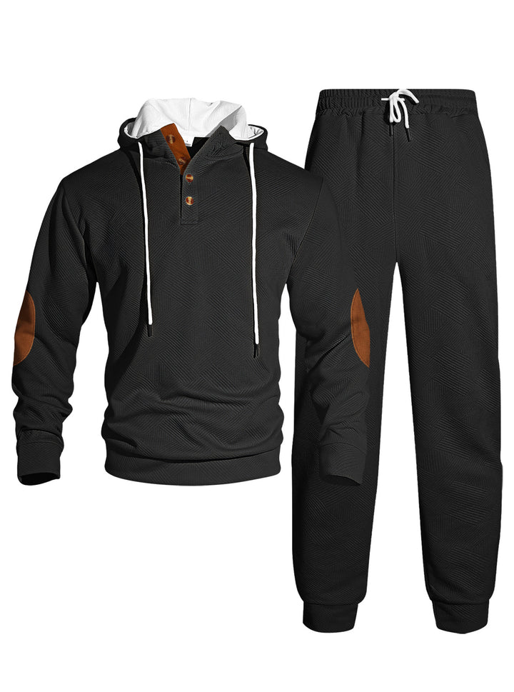 Herrer nan vaffelstruktur Henley-hoodie sæt med træknap liste albue-patch og konisk joggingbukser Skovae