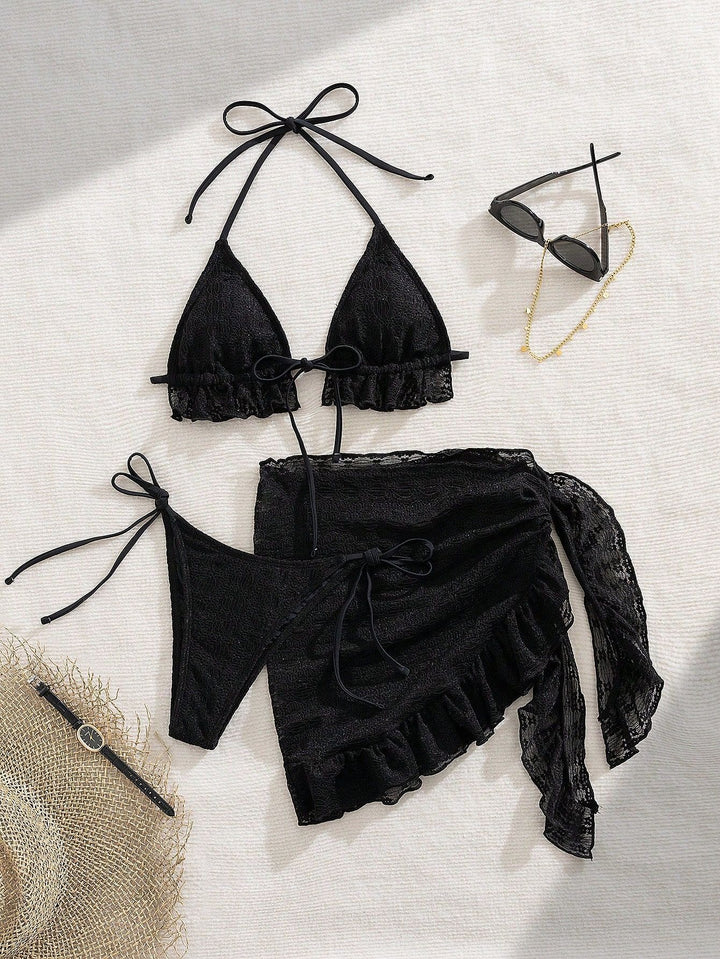 Dame Bikini-sæt med raffinerede flæsedetaljer og elegant omslagsskjørt Skovae