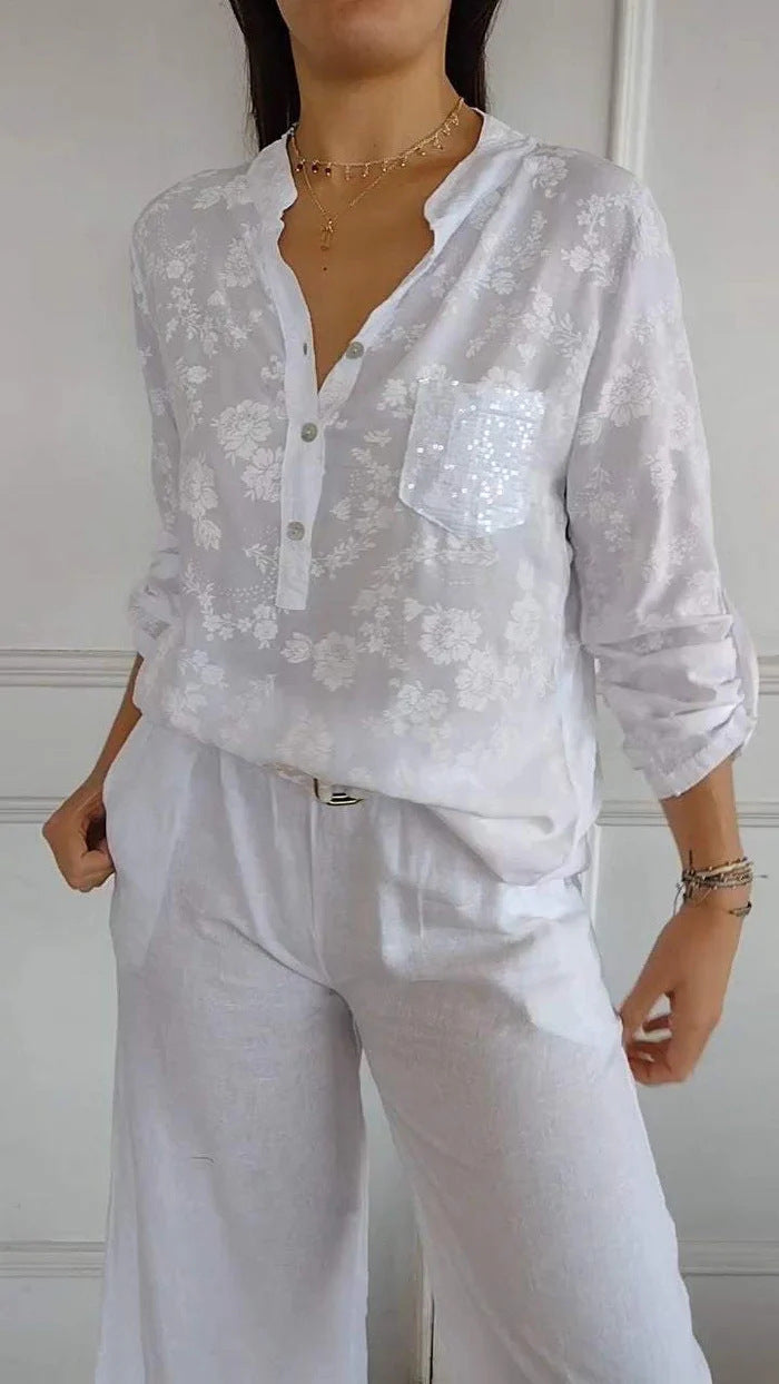 Dame Elegant Floral Knappeskjorte Stilla