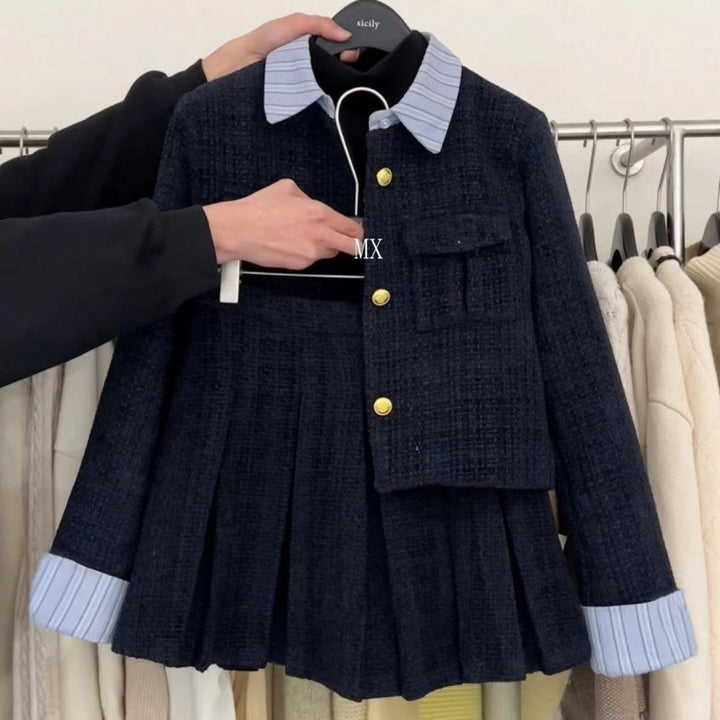 Femme Chic Tweed Blazer og Falten Mini Skørt Sæt Stilla
