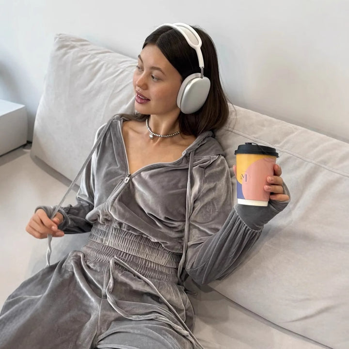 Kvindernes sporty velour loungewear-sæt med høj talje og lynlås Skovae