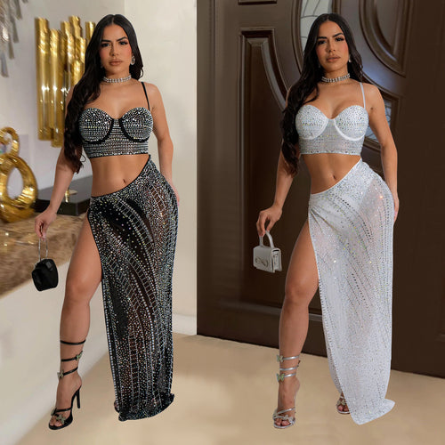 Dame glamourøs bodysuit med funkende strass dekorationer og gennemsigtig nederdel Stilla