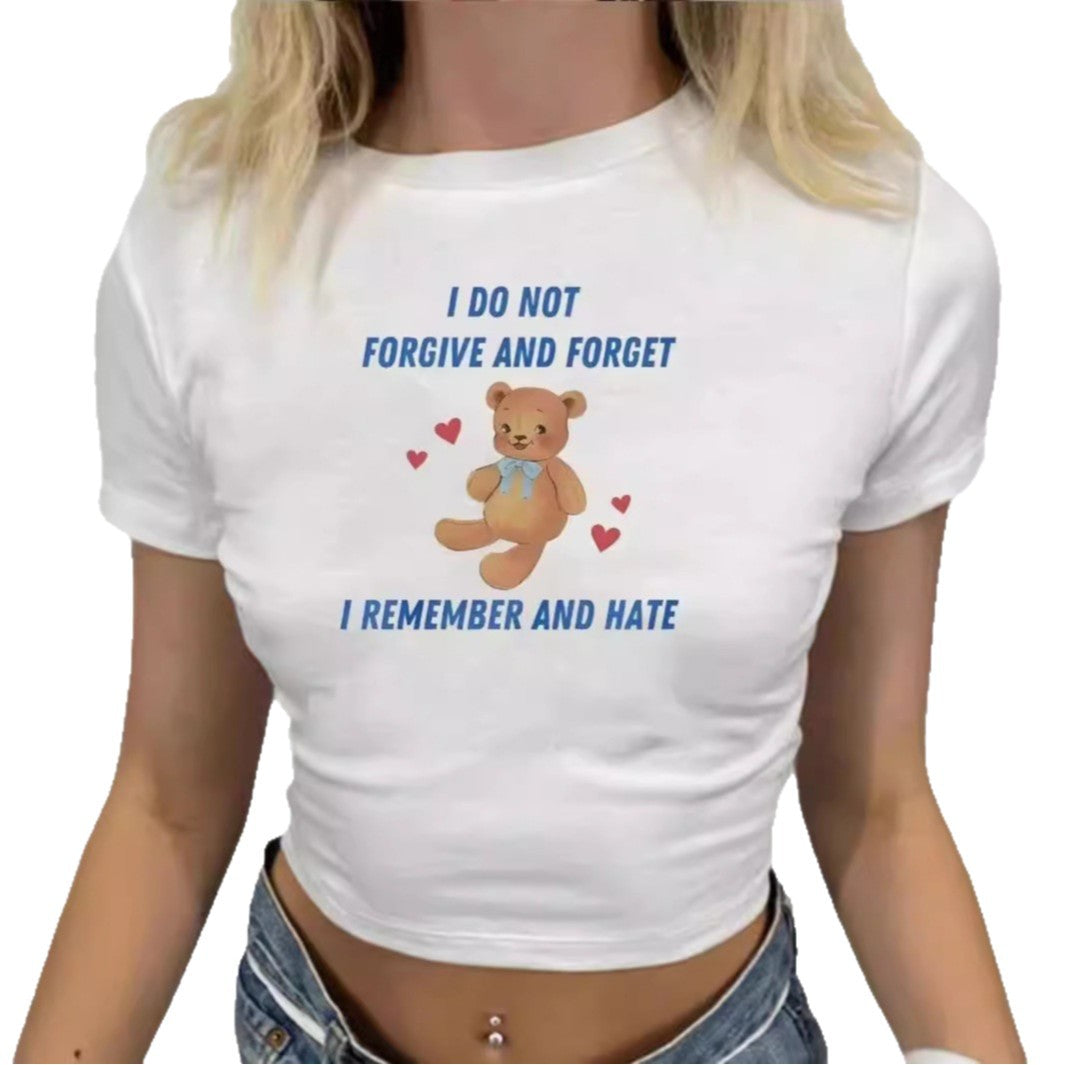 Dame Crop-T-Shirt med kreativt bjørnemotiv og sjovt citat Skovae